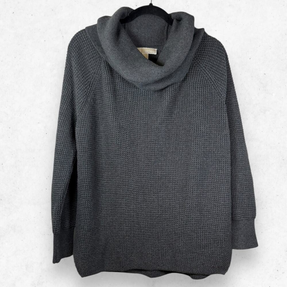 Michael Kors Women's L Oversized Waffleknit Cowl Sweater Charcoal Pullover